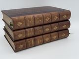 trois vieux livres empilés sur une surface blanche