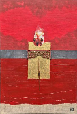 une image représentant une peinture d'une boîte rouge et jaune surmontée d'une bougie