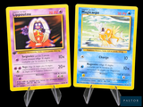 two pokemon cards are displayed on a black background