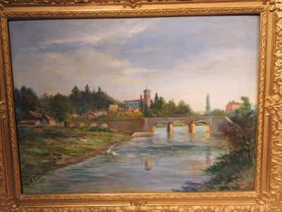 une peinture représentant un pont sur une rivière avec un château à l'arrière-plan