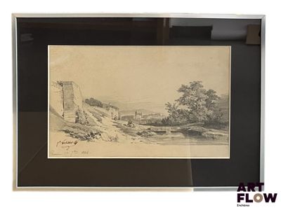 une image représentant un dessin de paysage avec un château en arrière-plan