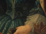 a painting of a woman in a blue dress holding a rosary