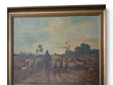 a painting of a man walking with a herd of sheep