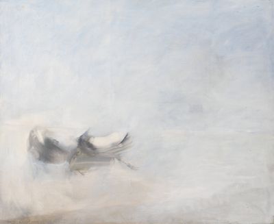 une peinture à l'huile représentant un cheval dans un champ, avec le ciel en arrière-plan