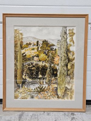 aquarelle encadrée représentant un paysage avec des arbres et un zèbre