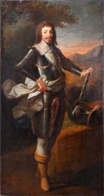 un vieux tableau représentant un homme en kilt, une épée à la main