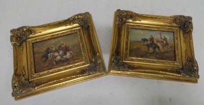 deux tableaux encadrés représentant des chevaux et des cavaliers dans un paysage