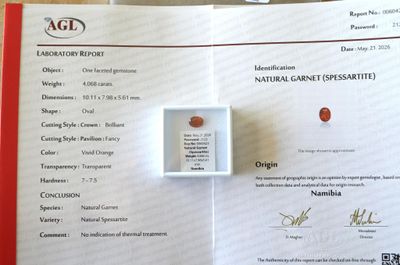 une photo d'un certificat sur laquelle figure une pierre rouge
