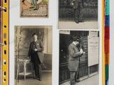 an old photo of a man standing in front of a book