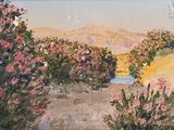 un tableau représentant un paysage désertique avec des fleurs roses au premier plan