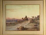 tableau représentant un homme à dos de chameau dans le désert, avec deux chameaux en arrière-plan