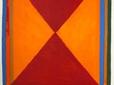 an image of a painting of a square with a red, orange, and blue design