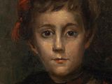 a painting of a young girl with a red bow on her head
