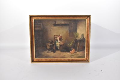 un vieux tableau représentant une femme assise sur une chaise avec un chat