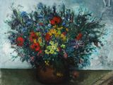 une peinture représentant un vase de fleurs sur une table