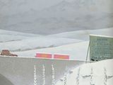 un tableau représentant un train traversant un pont sous la neige