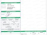 a green and white document with a barcode on it