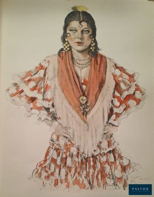 une image représentant le dessin d'une femme vêtue d'une robe rouge et blanche