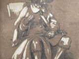 an old drawing of a man sitting in a chair with a hat on