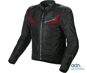 une veste en cuir noir avec une bande rouge sur la poitrine