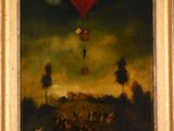 an oil painting of a hot air balloon flying over a field