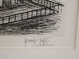 a black and white drawing of a boat dock