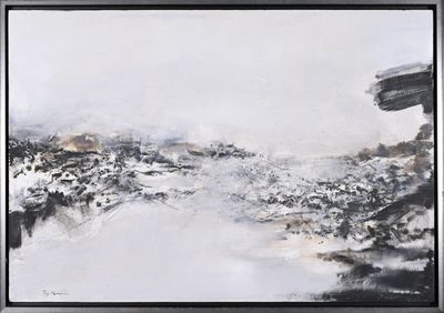 abstract painting of a mountain landscape in black and white, framed in a black frame