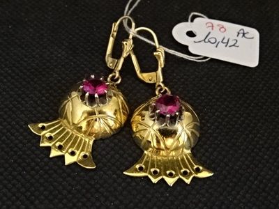 deux boucles d'oreilles en or ornées de pierres roses, posées sur un fond noir