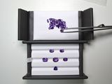 une photo d'une vitrine sur laquelle sont disposées des pierres violettes