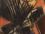 une image représentant une peinture d'un vase de fleurs avec un soleil rouge en arrière-plan