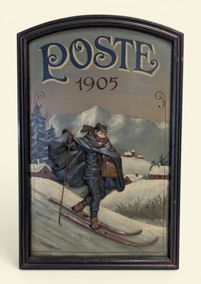 tableau représentant un homme descendant une colline à ski avec un chien sur le dos