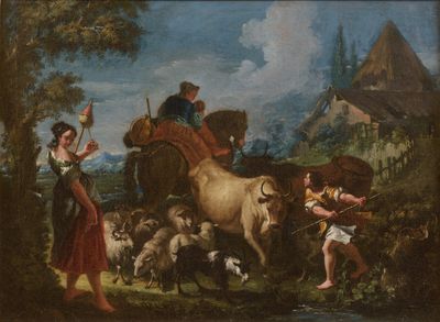 a painting of a man and a woman with animals in a field