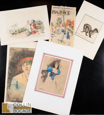 Lot de 6 dessins aquarelles se composant de :
