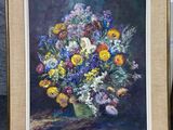 a painting of a vase of flowers on a table