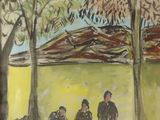 tableau représentant un groupe de personnes assises sous un arbre avec des paniers de fruits