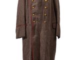 the coat is brown and red with gold buttons on the collar