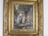 painting of a woman and two children in a boat on a lake