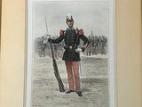 painting of a soldier in uniform holding a rifle in front of a group of men