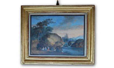 Anonyme, fine peinture au pastel très colorée sous verre, re…