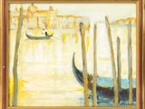an oil painting of a gondola on the water with buildings in the background