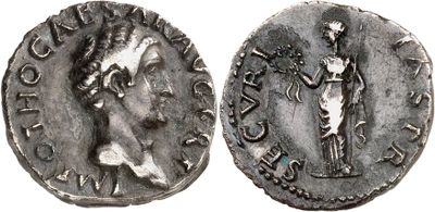 a silver coin with an image of a man holding a sword