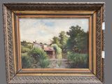 an oil painting of a river scene with a boat in the water