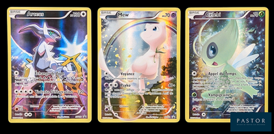 Trois cartes Pokémon différentes sont représentées en rangée sur un fond noir