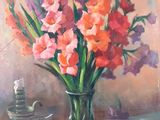 a painting of a vase of flowers and fruit on a table