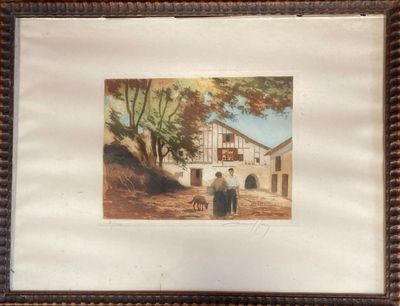 painting of a couple and their dog in front of a barn