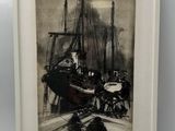an image of a black and white drawing of a boat in a harbor