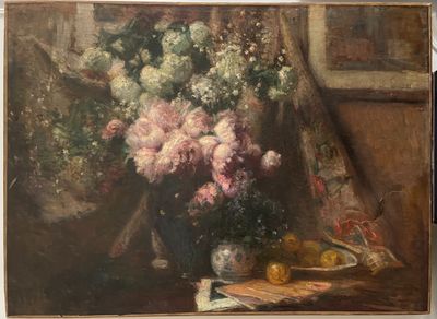 une peinture de fleurs dans un vase sur une table