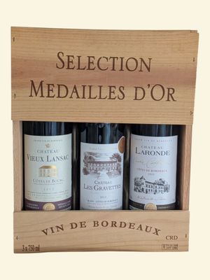 three bottles of wine in a wooden box