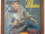 painting of a man holding a gun in front of a poster