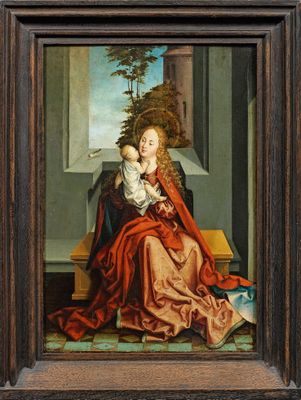 une peinture représentant une femme tenant un enfant sur ses genoux